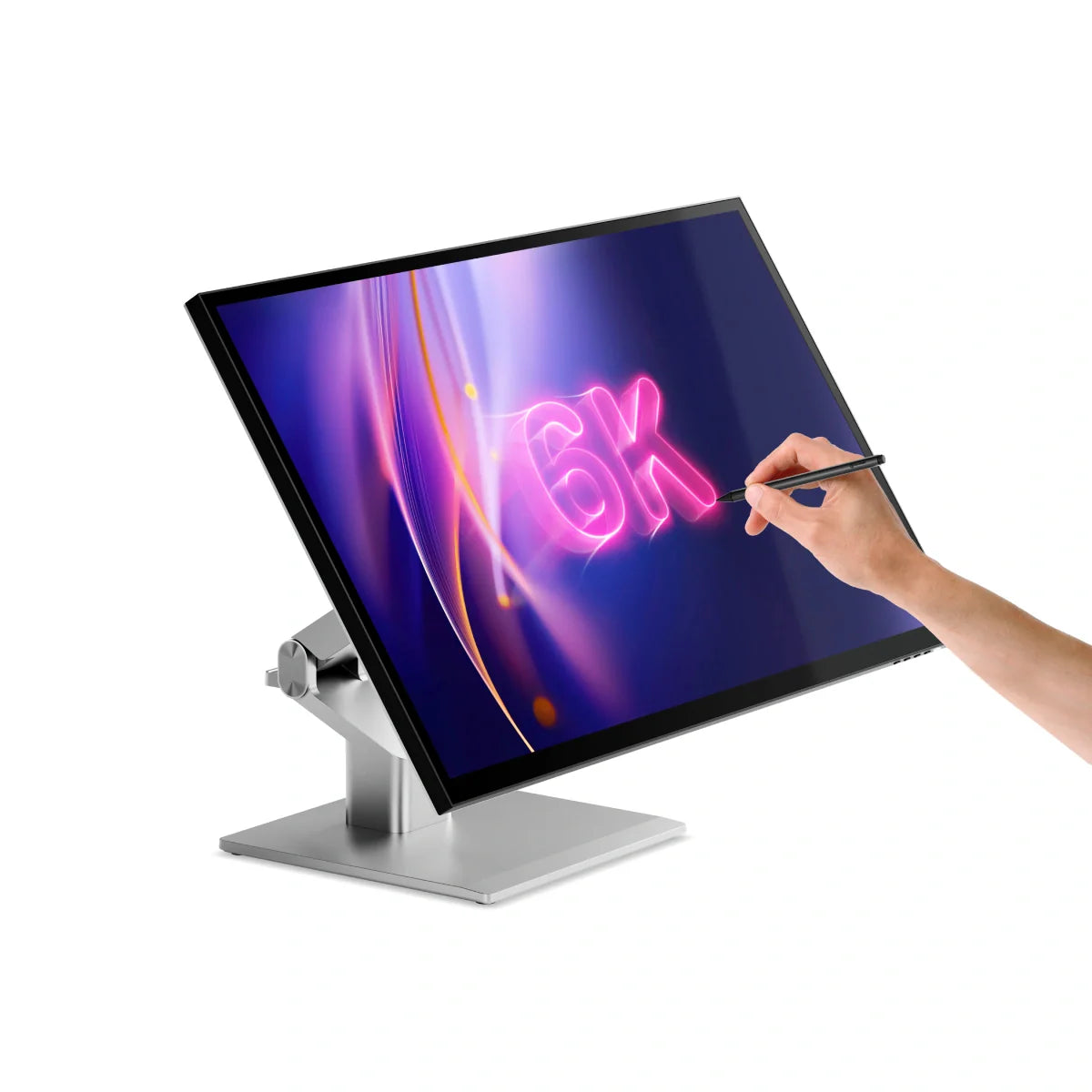Touchscreen monitor with a hand using a stylus on a white background