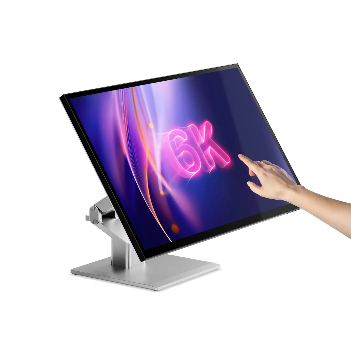 Touchscreen monitor with a hand pointing at '6K' resolution on the screen, on a white background