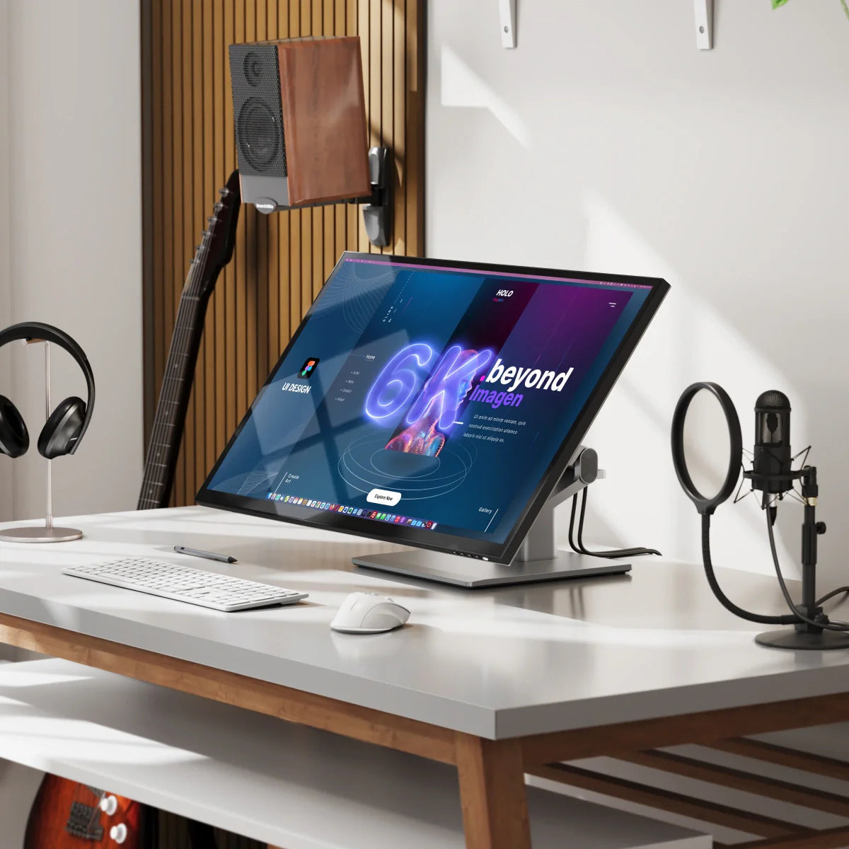 Modern home office setup with laptop, speakers, microphone, and headphones on a desk.