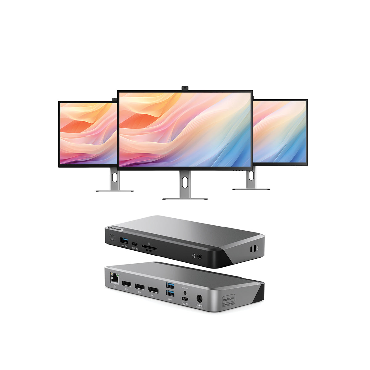 Clarity Max Pro 32" UHD 4K Monitor with USB-C Power Delivery and Webcam (Pack of 3) + DX3 Triple 4K Display Universal Docking Station Ð with 100W Power Delivery