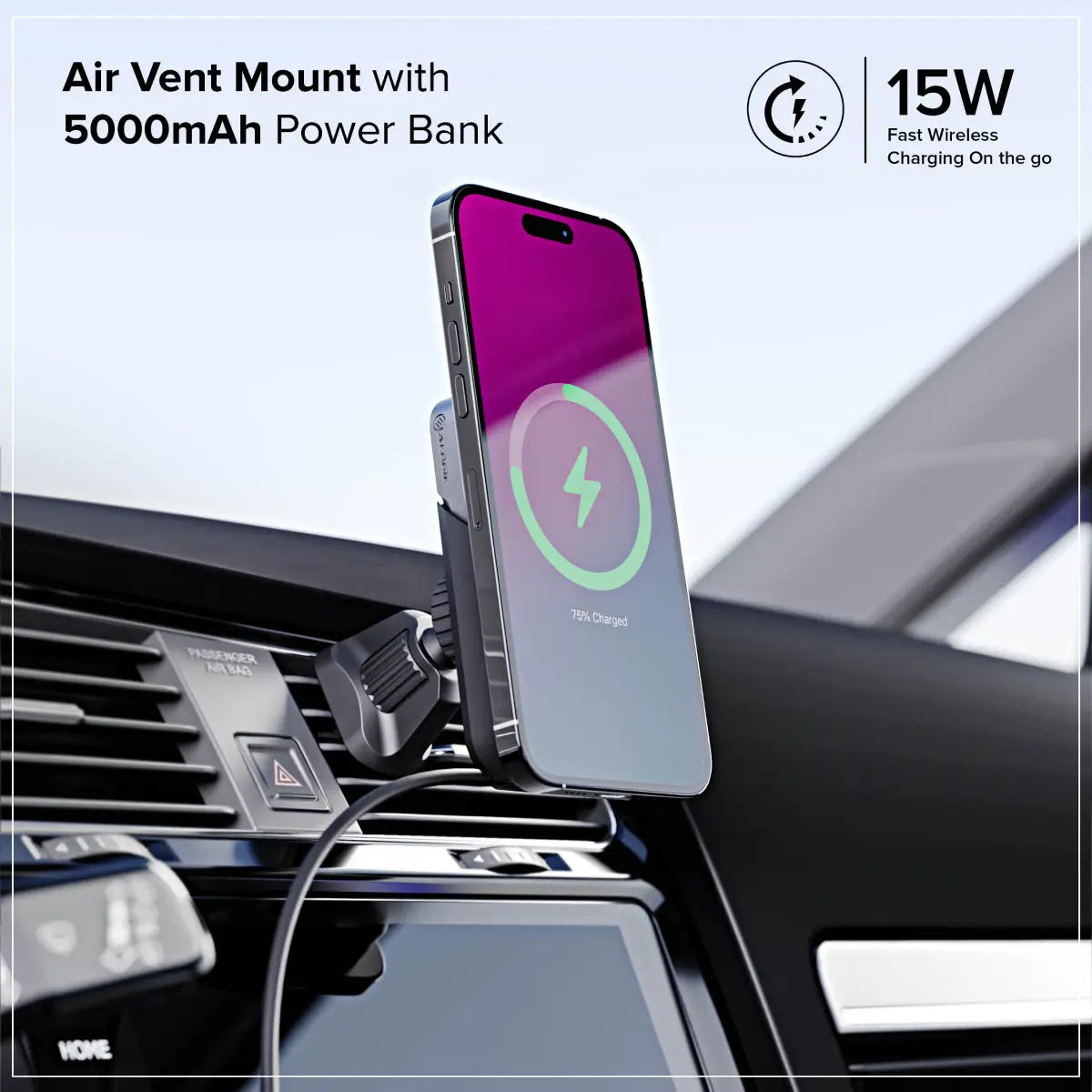 Matrix+ Universal Wireless Car Charger with 5000mAh Wireless Magnetic Power Bank, Air Vent and Dashboard Mount